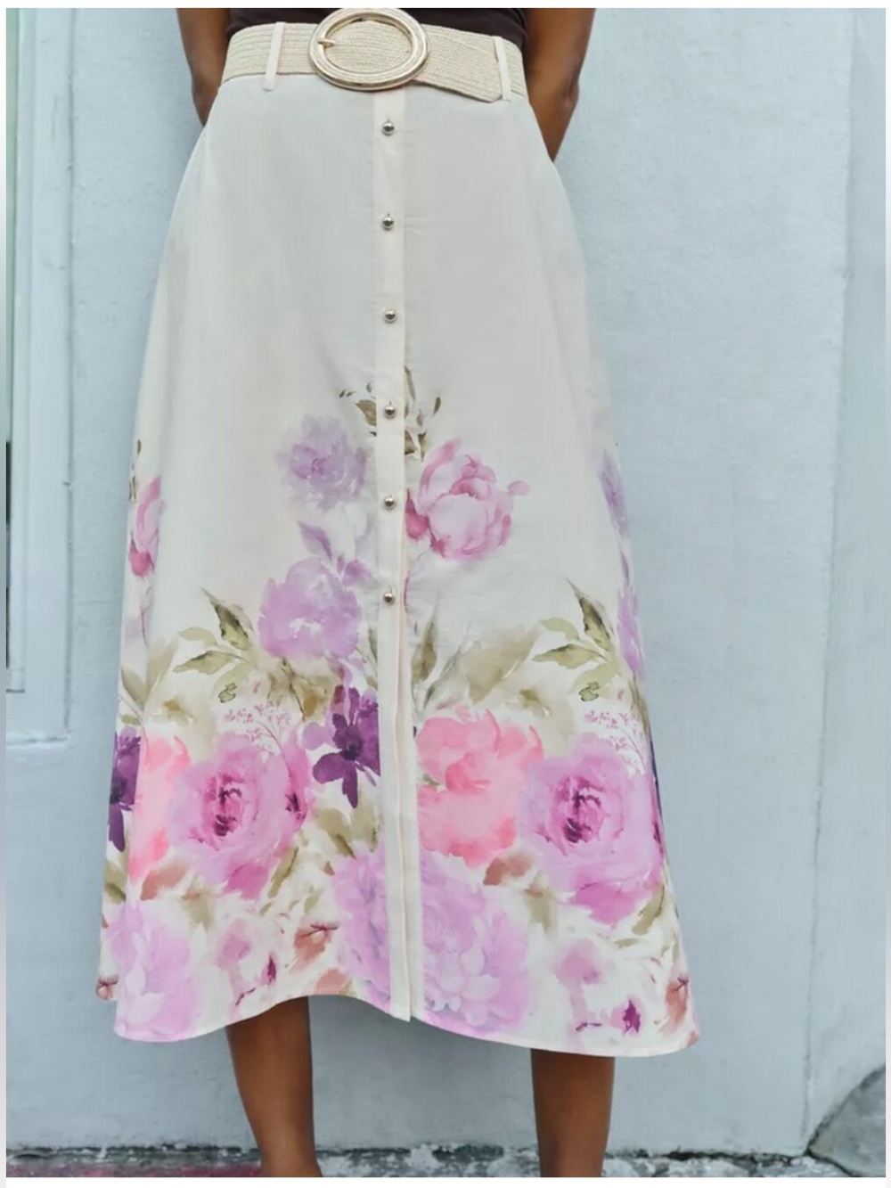 Zara Cream A-Line Midi Skirt with Pink and Purple Floral Hem